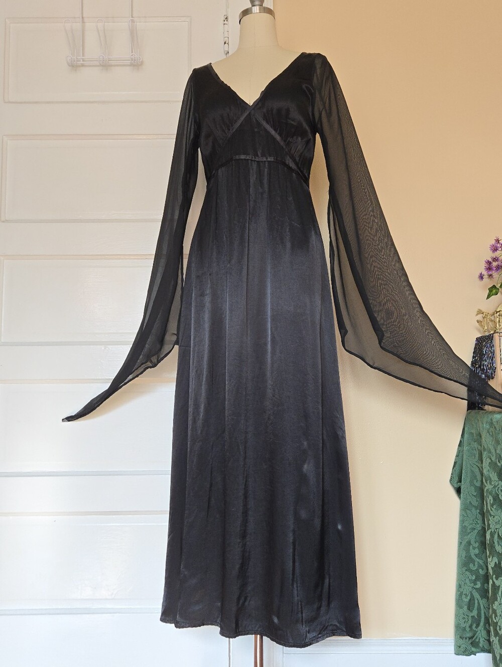 Begotten by Dilek Atasu Vintage 90s Gothic Witchy Satin Black Maxi Gown Dress M
